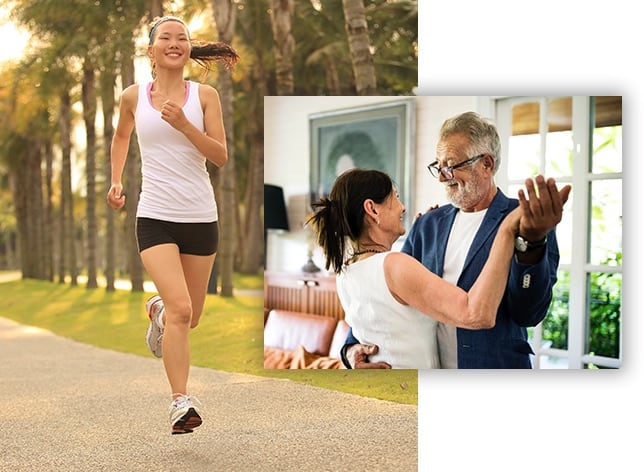 woman running confidently, couple dancing joyfully