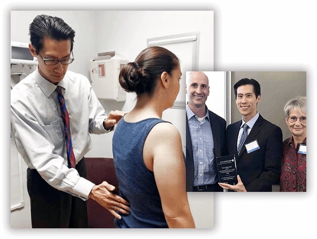 Dr. Cheng assesses female patients spine and is shown in image on right accepting award for medical excellence